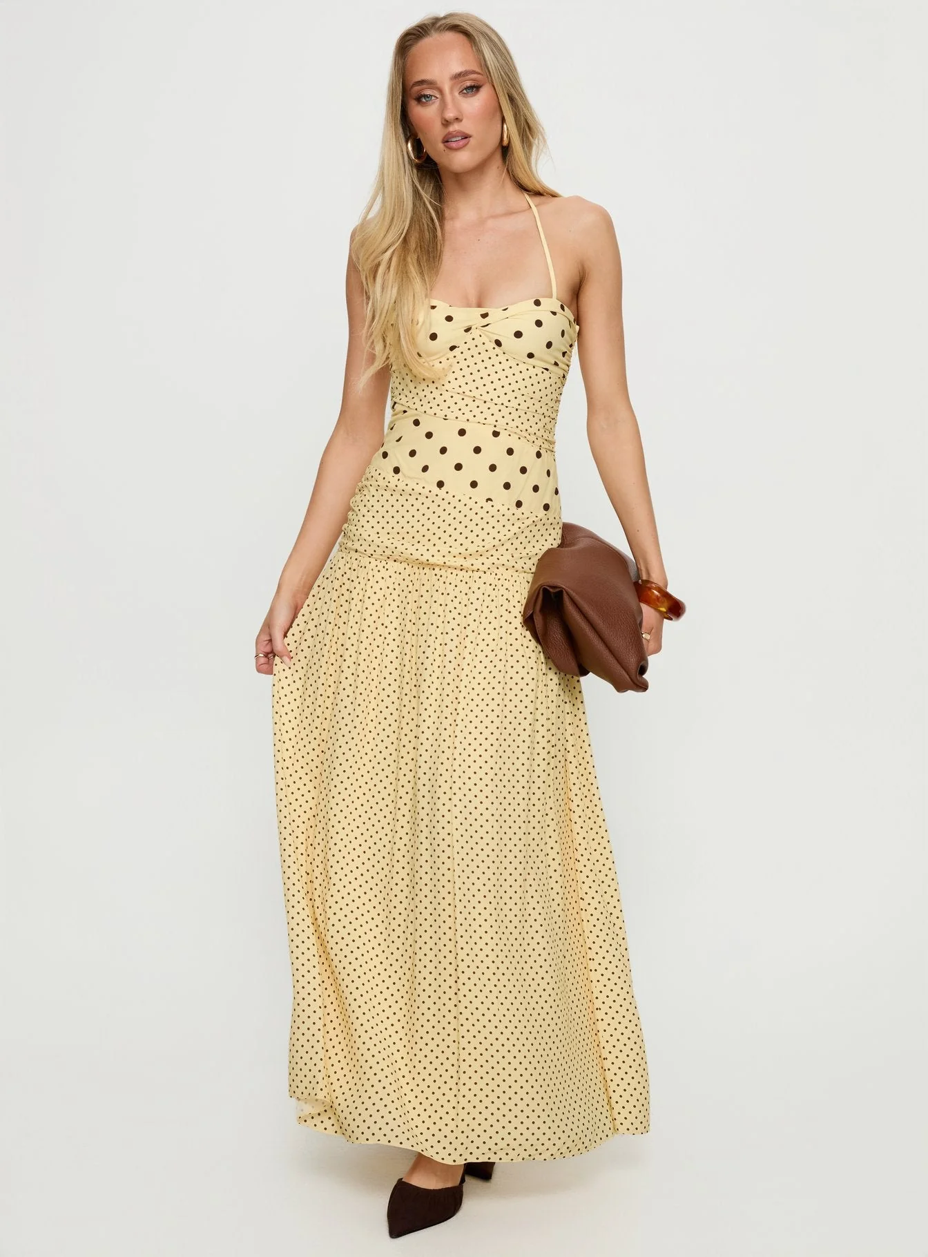 Marguerite Halter Maxi Dress Lemon / Brown Polka Dot
