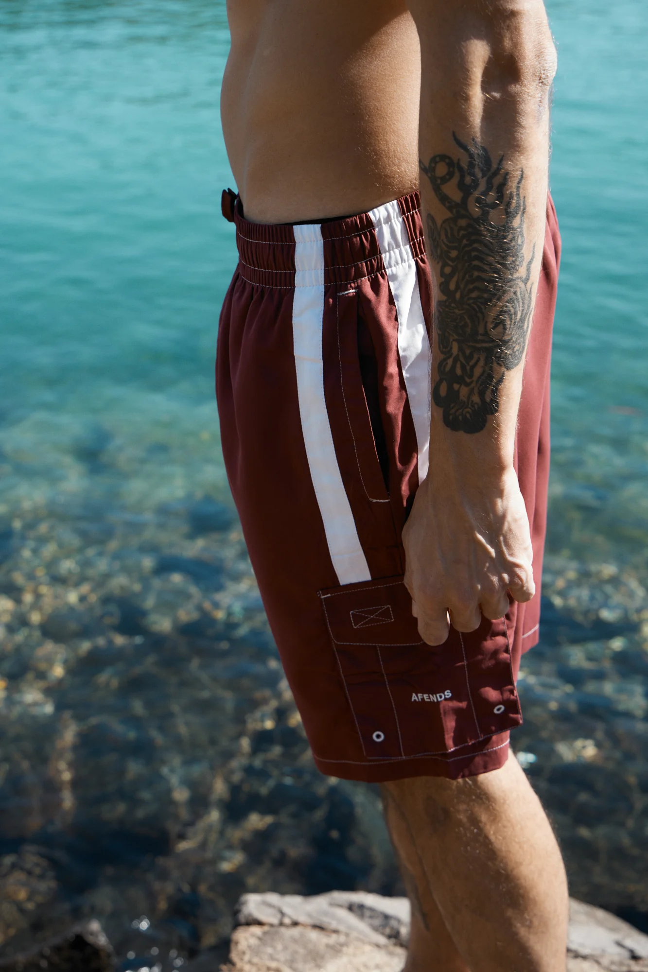 AFENDS Mens House Related - Cargo Swim Short 21" - Burgundy
