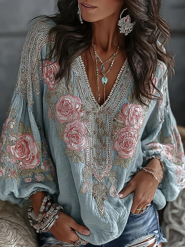 Women's Retro Floral Embroidered Art Print Flowy Linen Blend Casual Tops