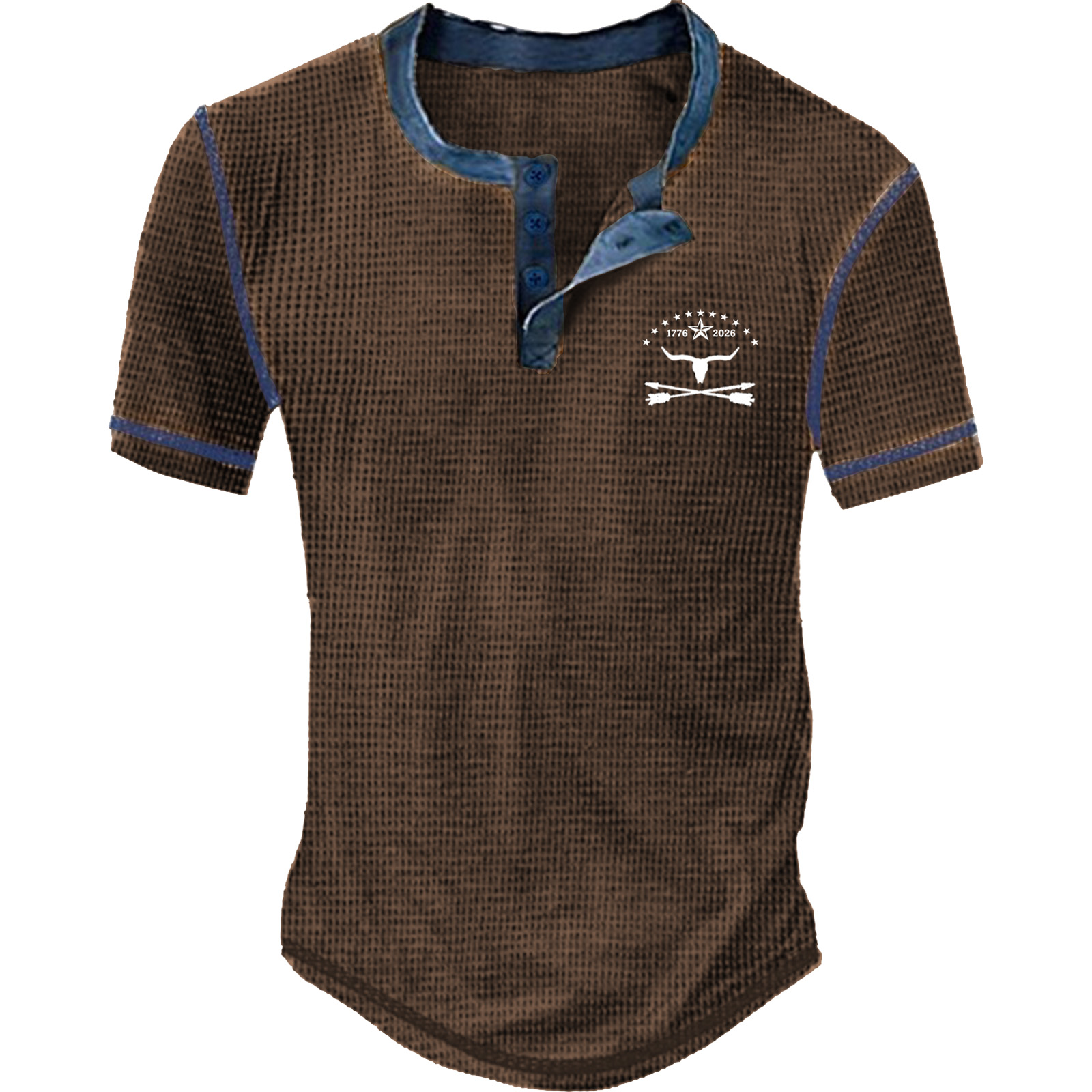 Men's Waffle Henley Shirt Tee Short Sleeve
