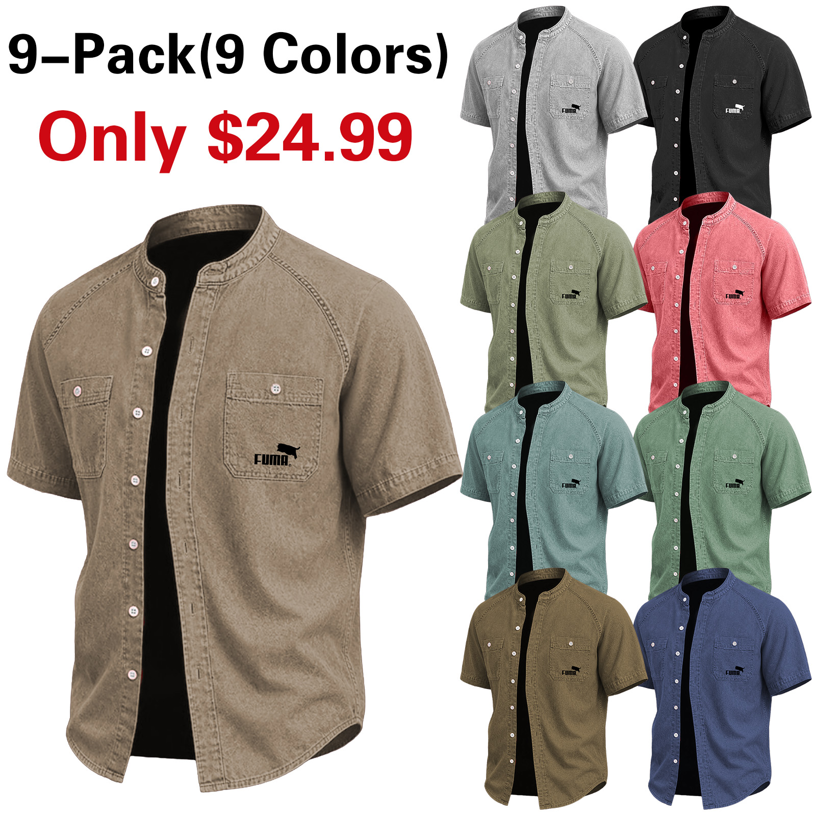 SoftFade™ Men Shirt Casual Shirt Button Up Shirt Cotton Acid Wash Shirt Black Light Green Pink Purple khaki Short Sleeve Plain Grandad Collar Casual Daily Front Pocket Clothing Apparel Elegant Fashion