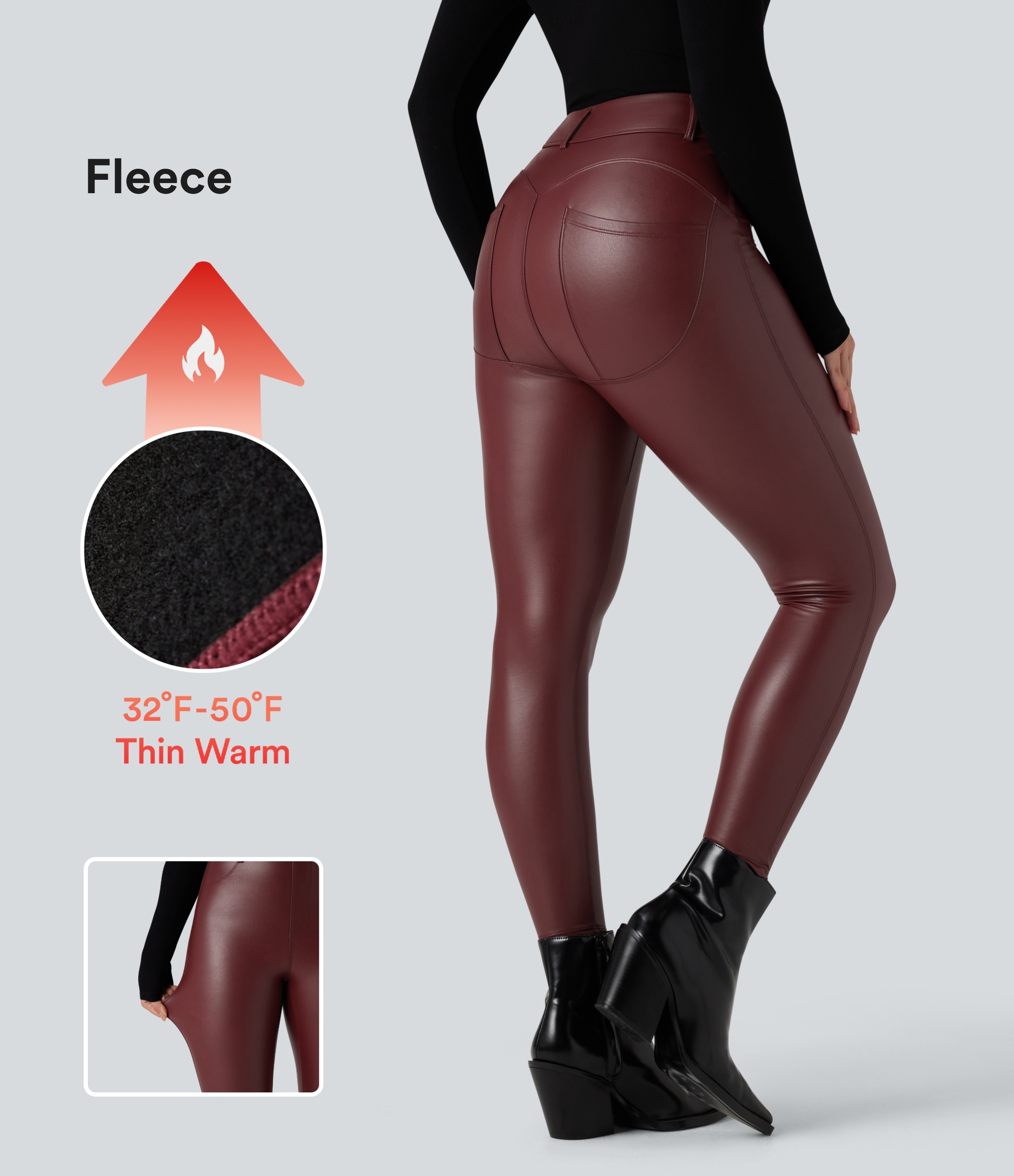 High Waisted Stretchy PU Fleece Casual Leggings with Pockets