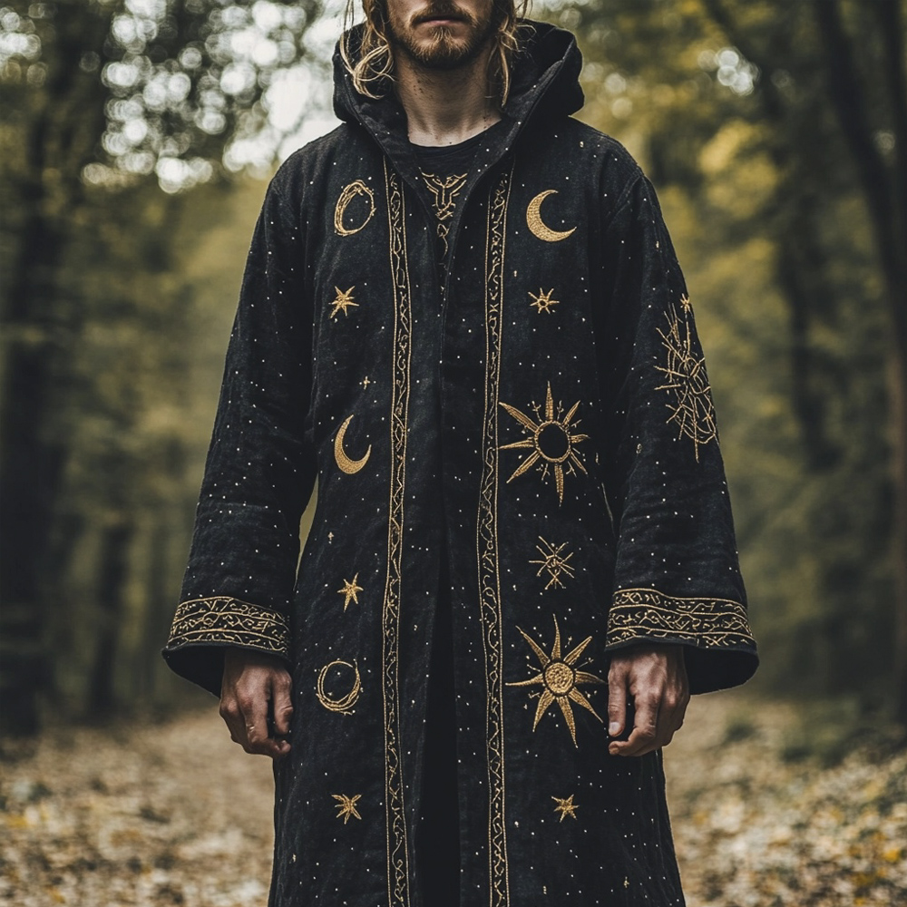 Nordic Mythology Sun, Moon And Stars Embroidered Men's Linen Hooded Jacket
