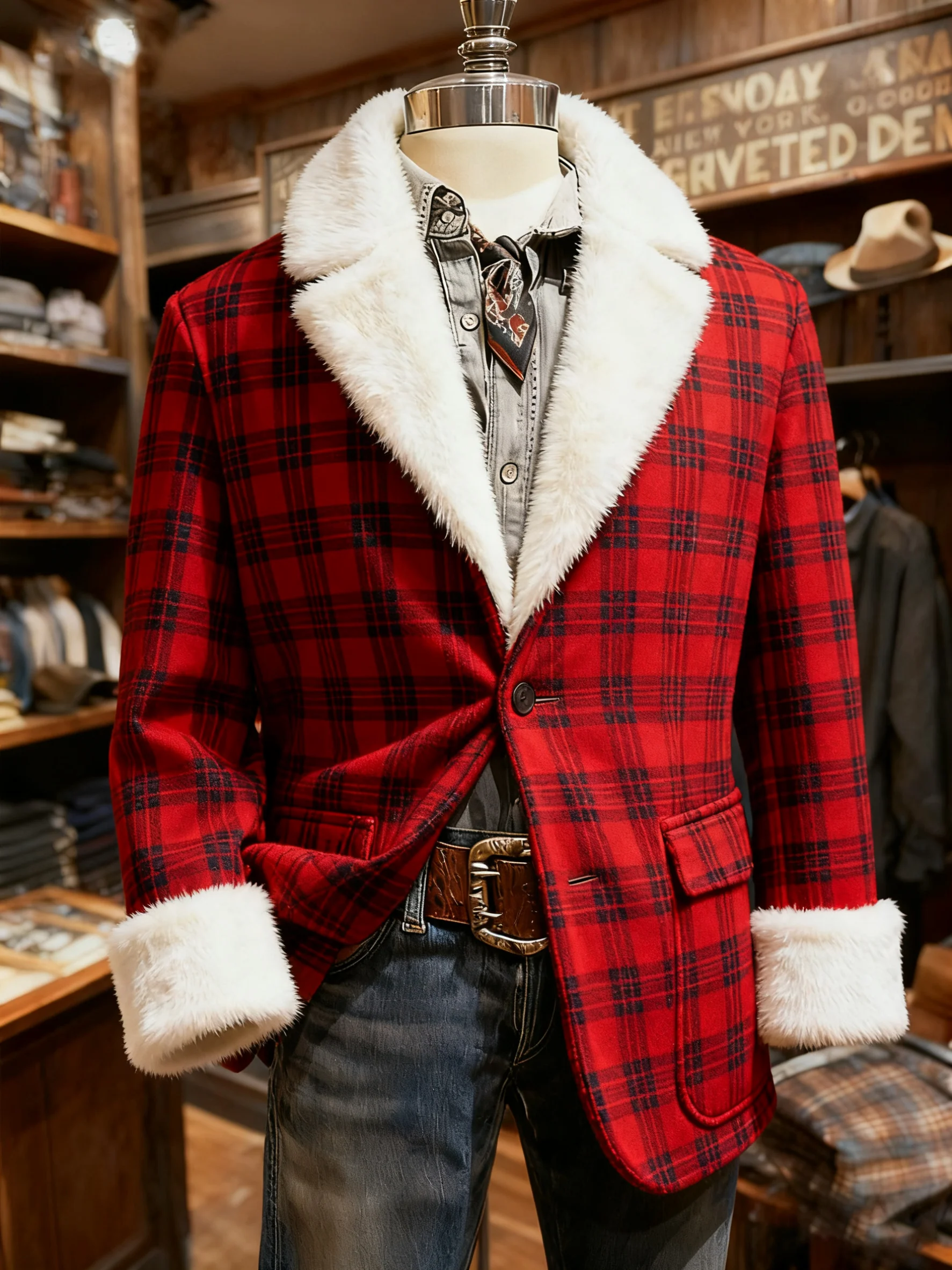 Men's Retro Christmas Plaid Lapel Fur Collar Casual Suit Jacket