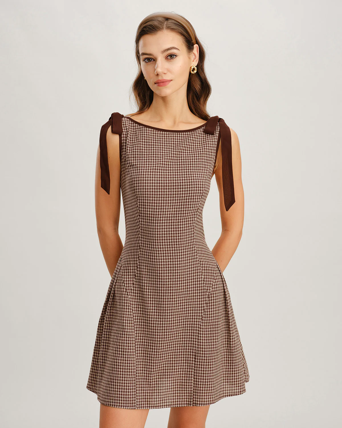 Brown Gingham Tie Strap Mini Dress