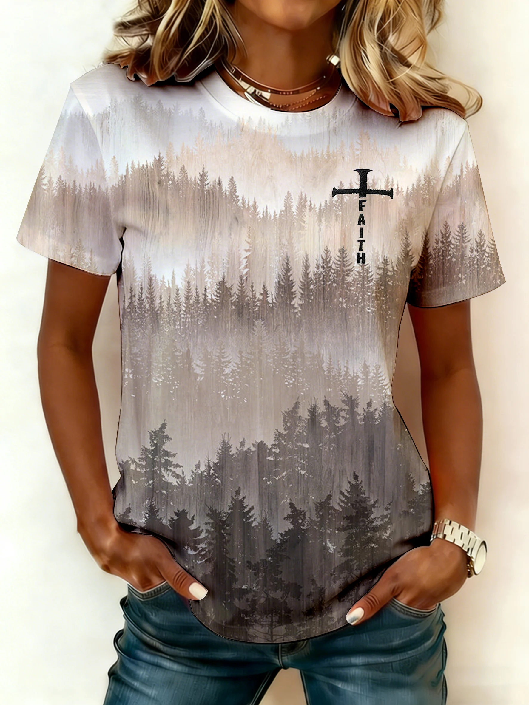 Women's Faith Print Round Neck Short-Sleeved T-Shirt-Fast Shipping