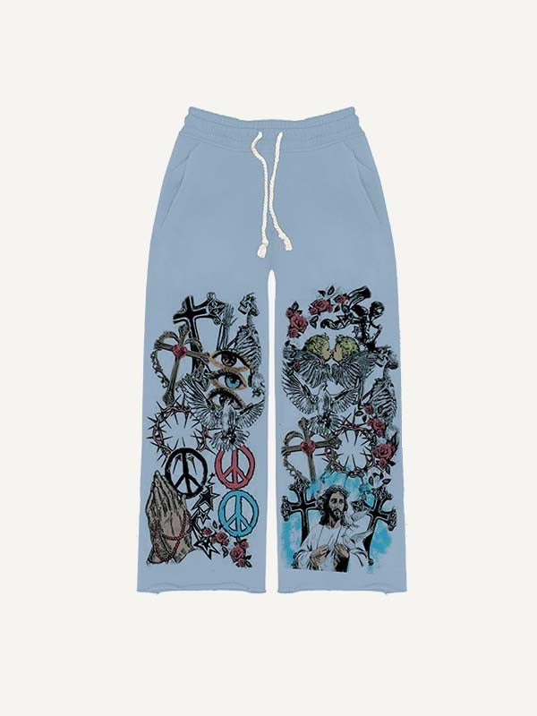 Mary&Jesus&Cross&Pray&Pigeon&Eye&Graphic Print Elastic Waist Pants