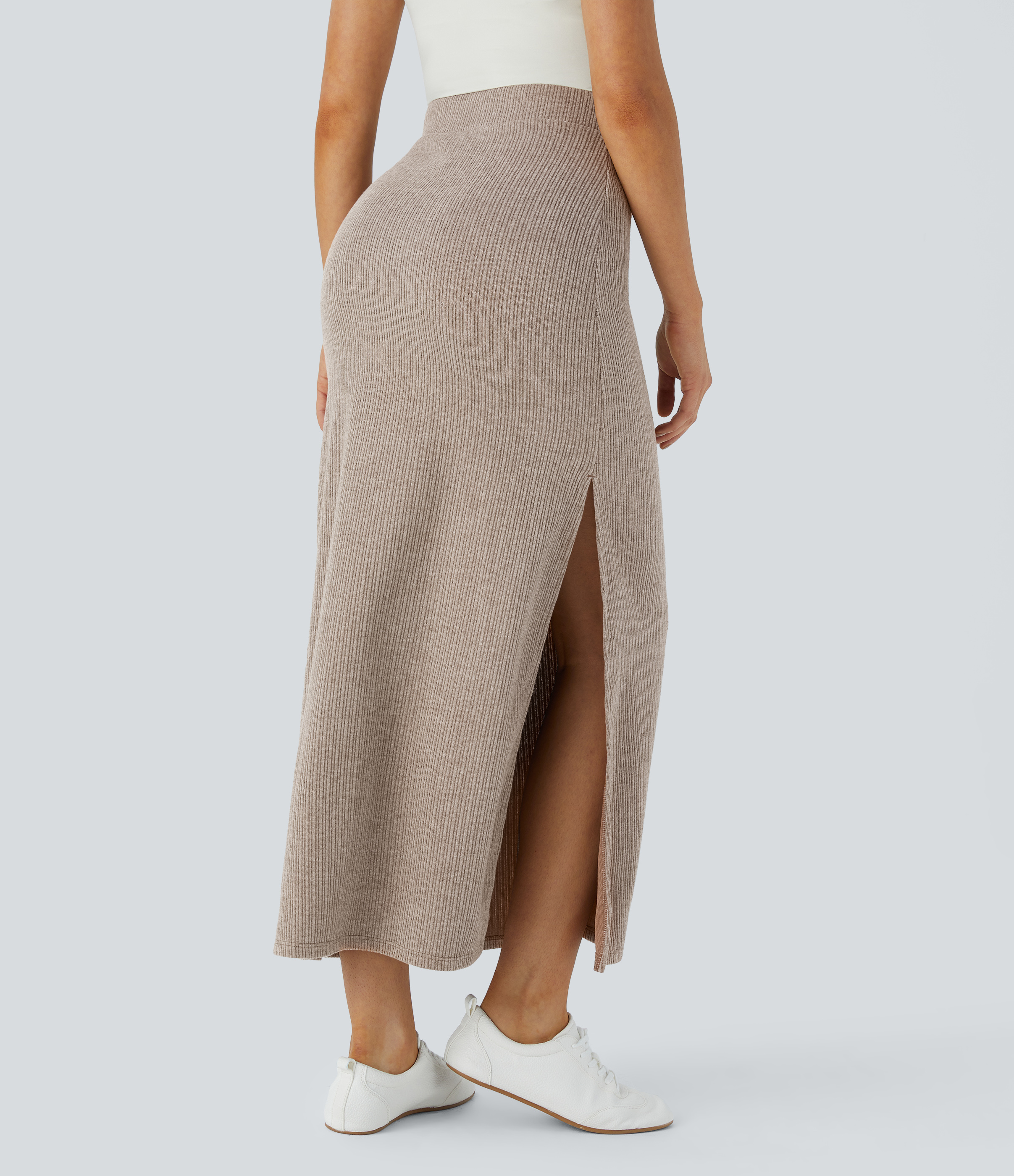Ribbed High Waisted Hem A Line Maxi Casual Skirt