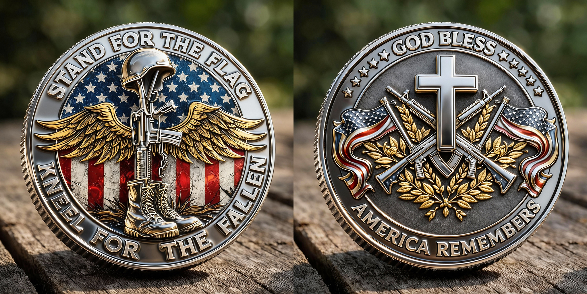 Stand for the Flag Kneel for the Fallen Veteran Memorial Challenge Coin