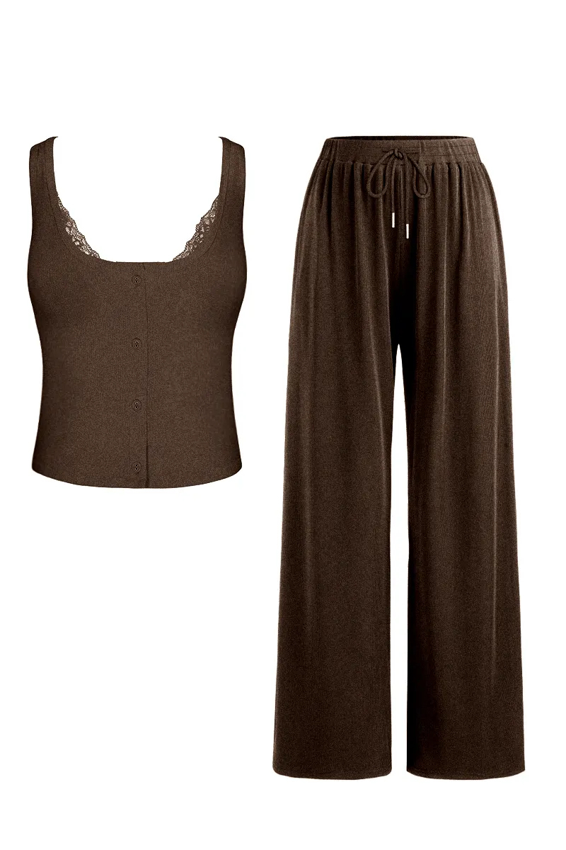 Classy U-Neck Button Decor Tank Top & Wide Leg Trousers with Lace Trim Camisole Three-Piece Set