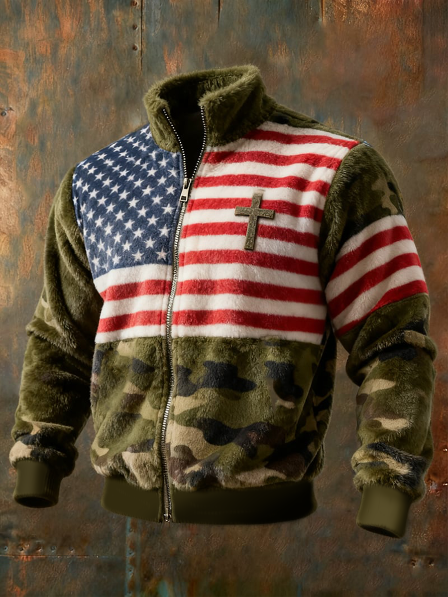 Men's Flag Cross Flannel Zipper Jacket