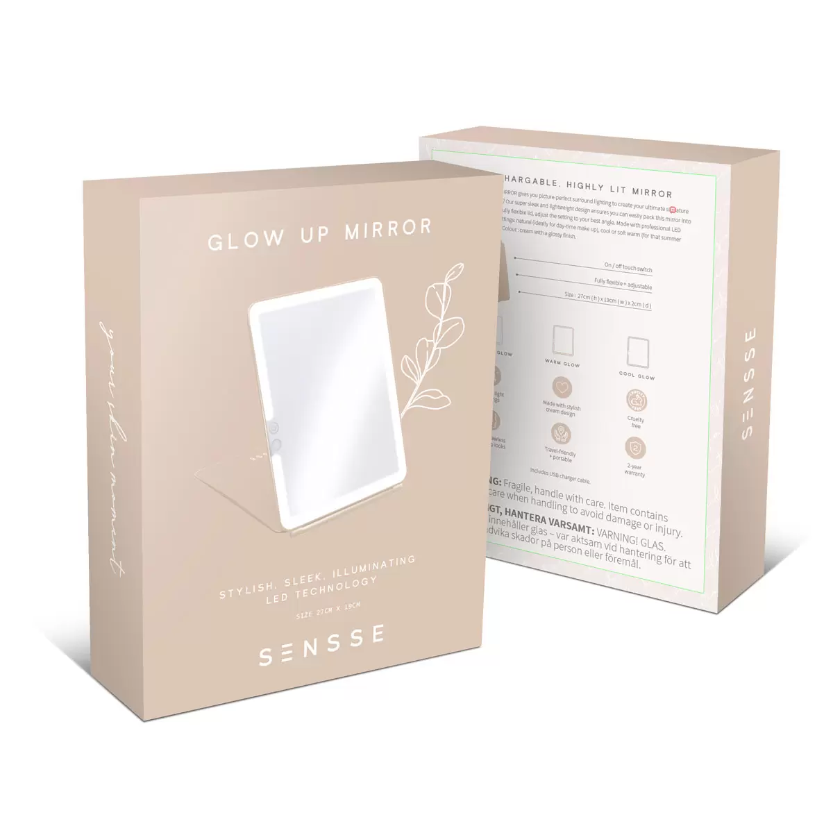 Sensse Glow Up Mirror, 27x19 cm, LED Touch Light Technology