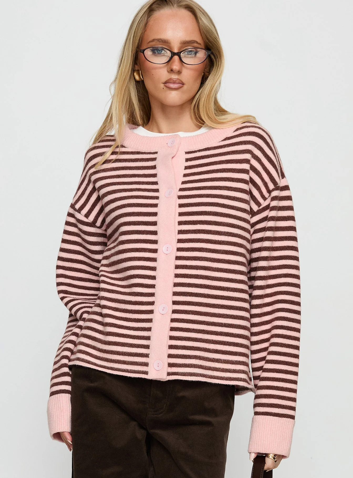 Darnelle Button Up Knit Cardigan Pink Stripe