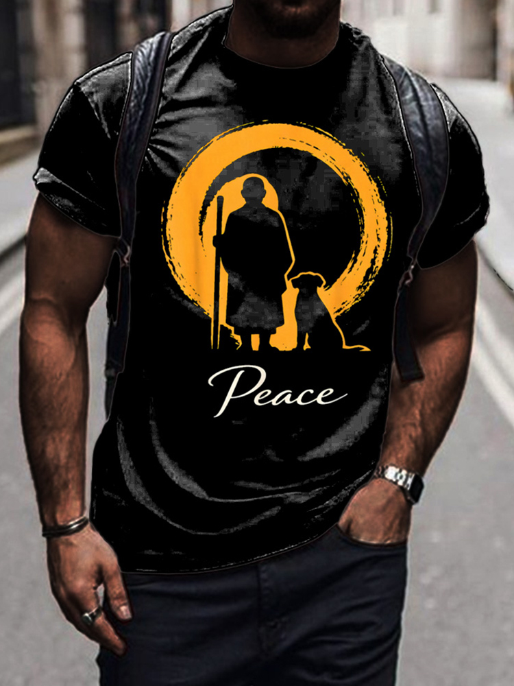 Retro Peace Monk And Alokka Dog Silhouette Short Sleeve T-shirt