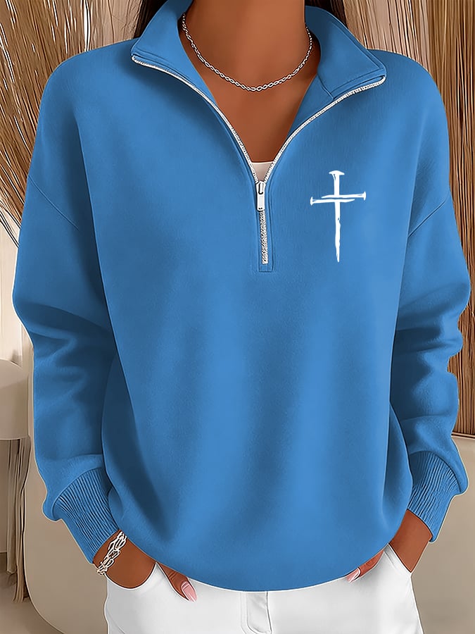 Women's Retro Faith Cross Design Printed Zipper Stand Collar Sweatshirt