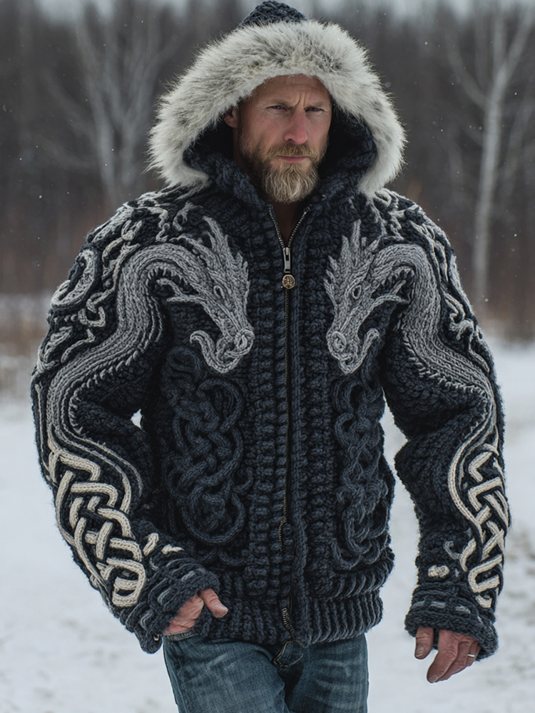 Men's Viking Celtic Dragon Art Cozy Fur Collar Knit Hooded Sweater Jacket