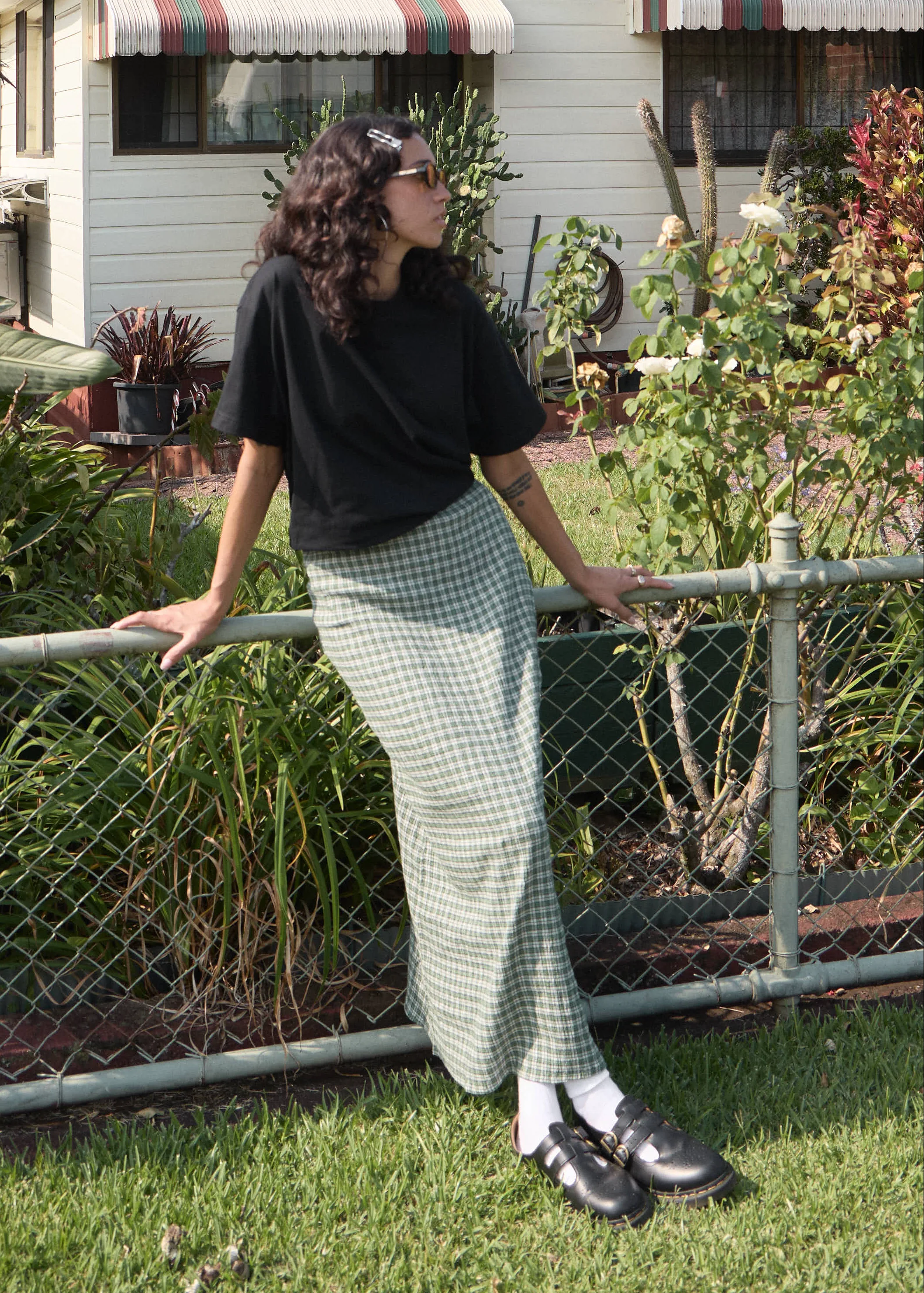 AFENDS Womens Base - Seersucker Maxi Skirt - Deep Green Check