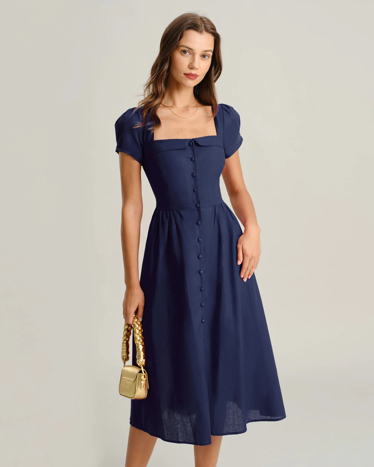Navy Square Neck Short Sleeves A-Line Midi Dress