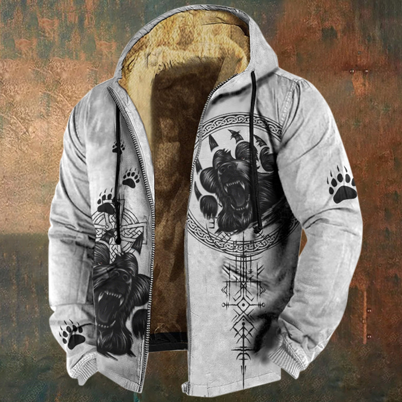 Men's Retro Viking Wolf Claw Print Casual Zip Up Jacket
