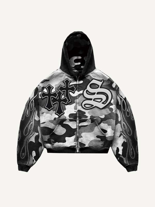 Colorblock Fire&Cross&Letter Print Zip Up Hooded Coat