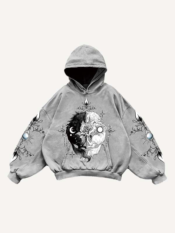 Wolf&Moon&Sun&Floral&Graphic Print Slant Pockets Hoodie
