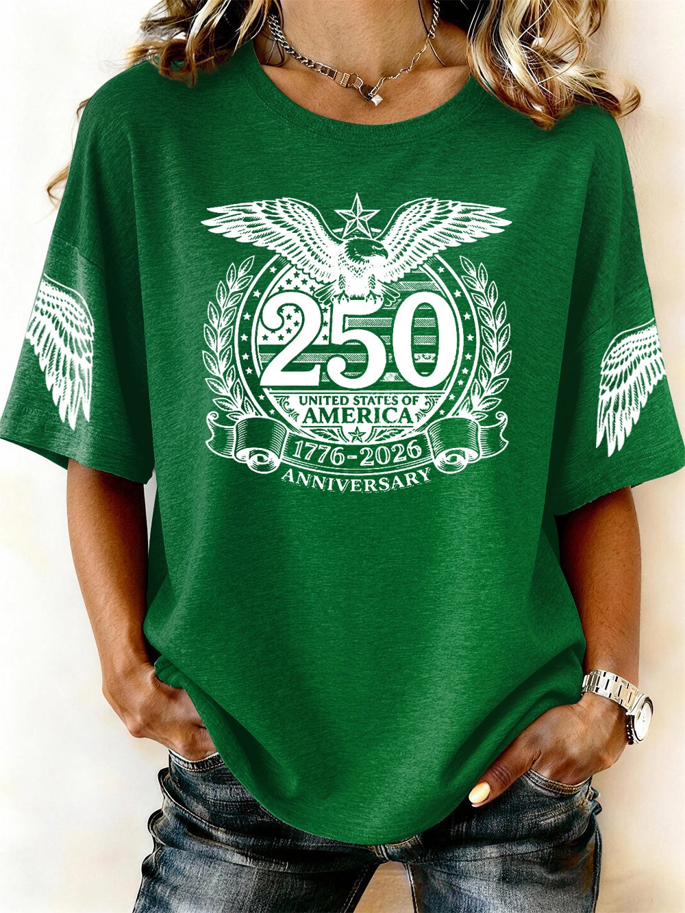 Women’s USA 250th Anniversary Embroidered Print Crew Neck Short Sleeve T-Shirt