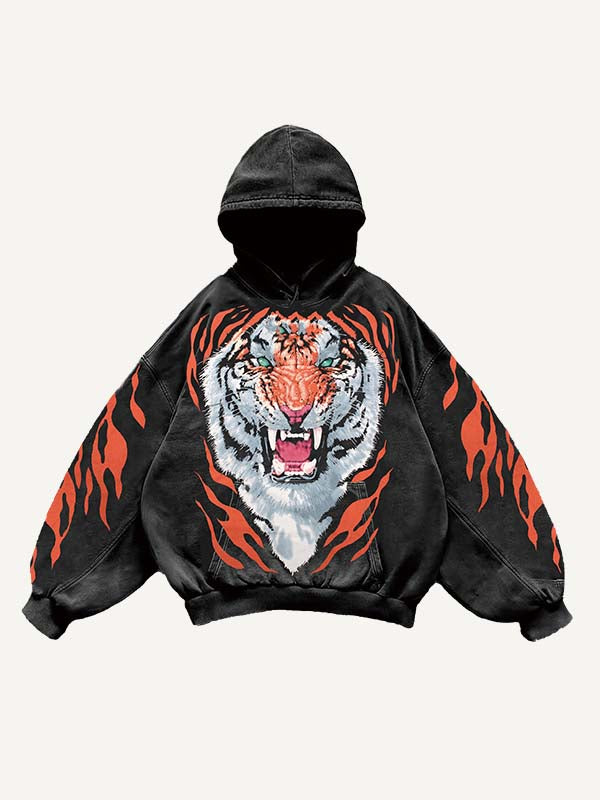Tiger&Graphic Print Slant Pockets Hoodie