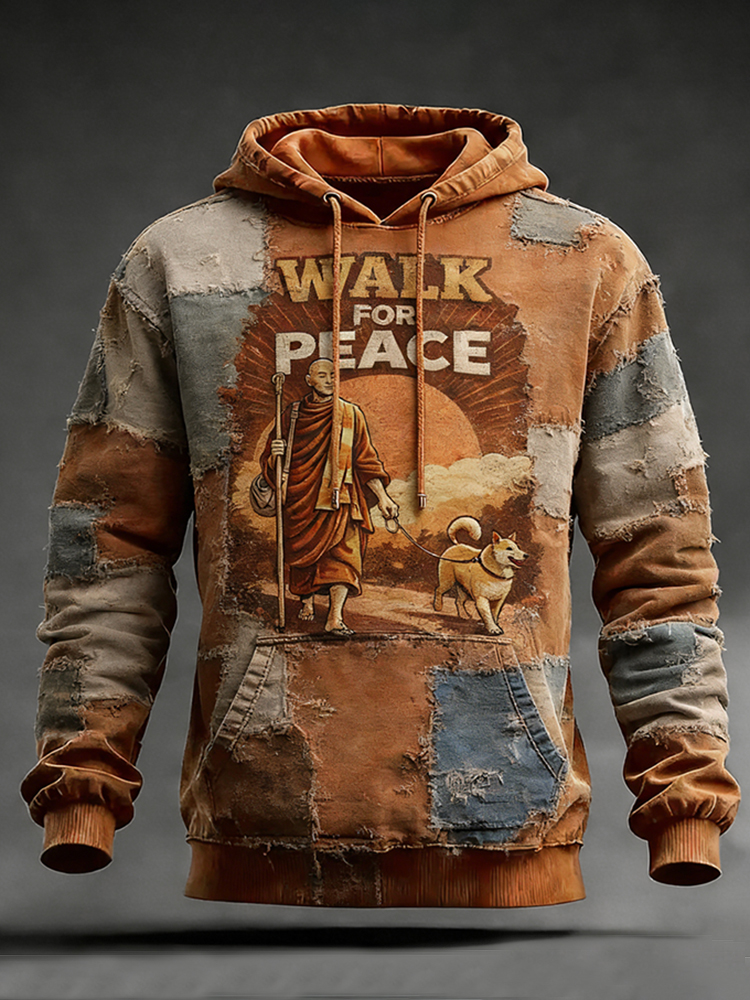 Walk For Peace Love In Every Step Artistic Print Distressed Hoodie