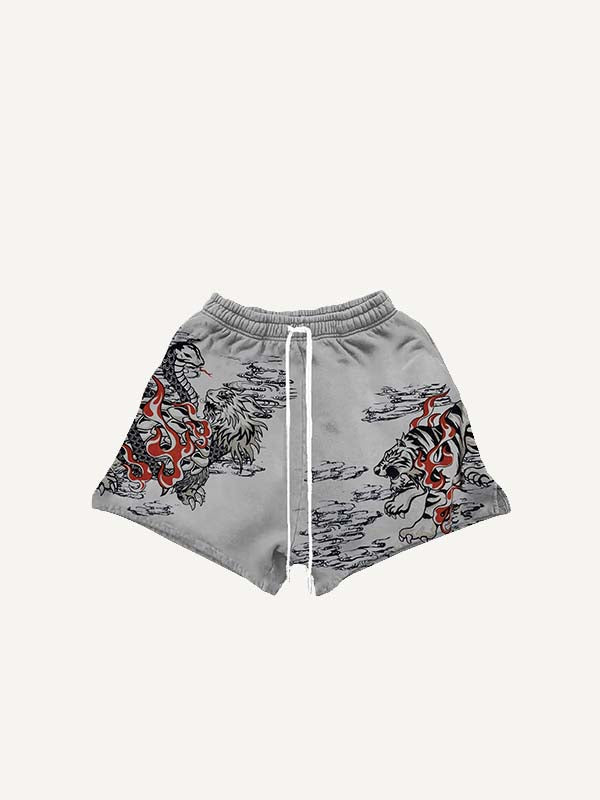 Dragon&Phoenix&Tiger&Snake&Graphic Print Drawstring Waist Shorts