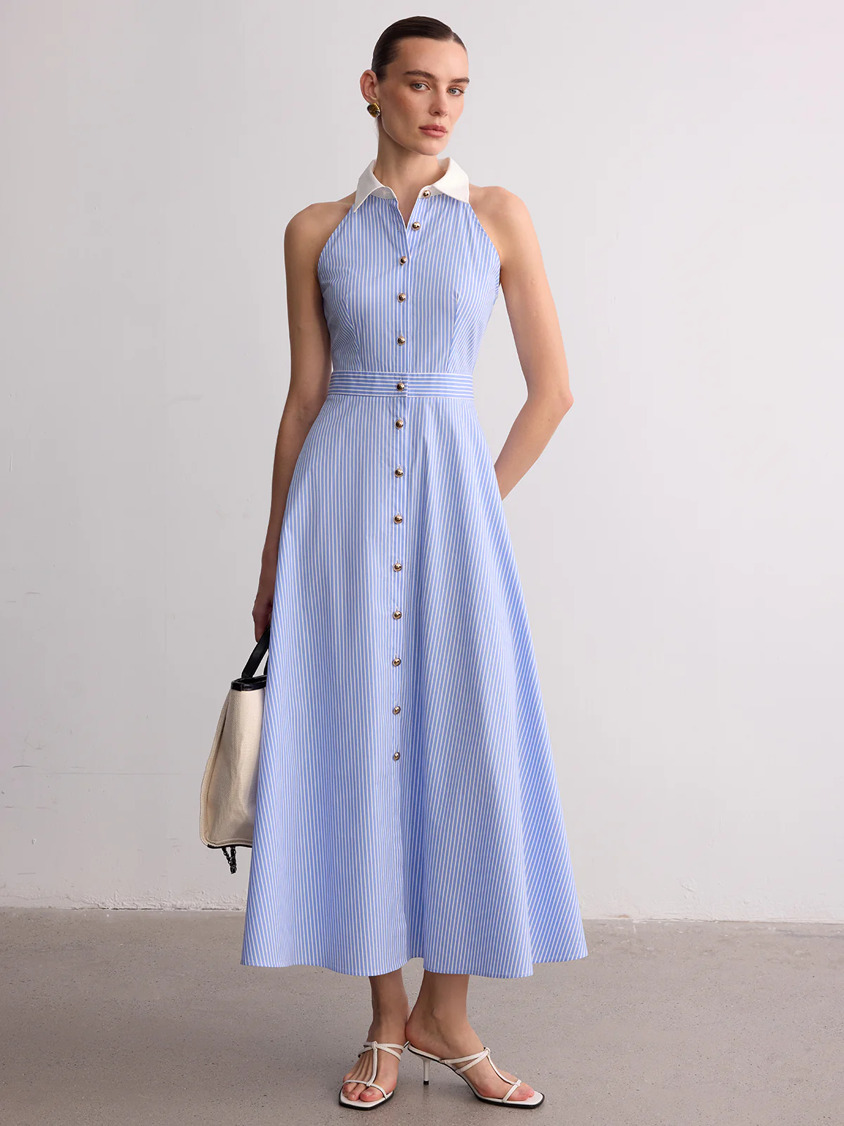 Collared Striped Sleeveless Buttoned Maxi Dress