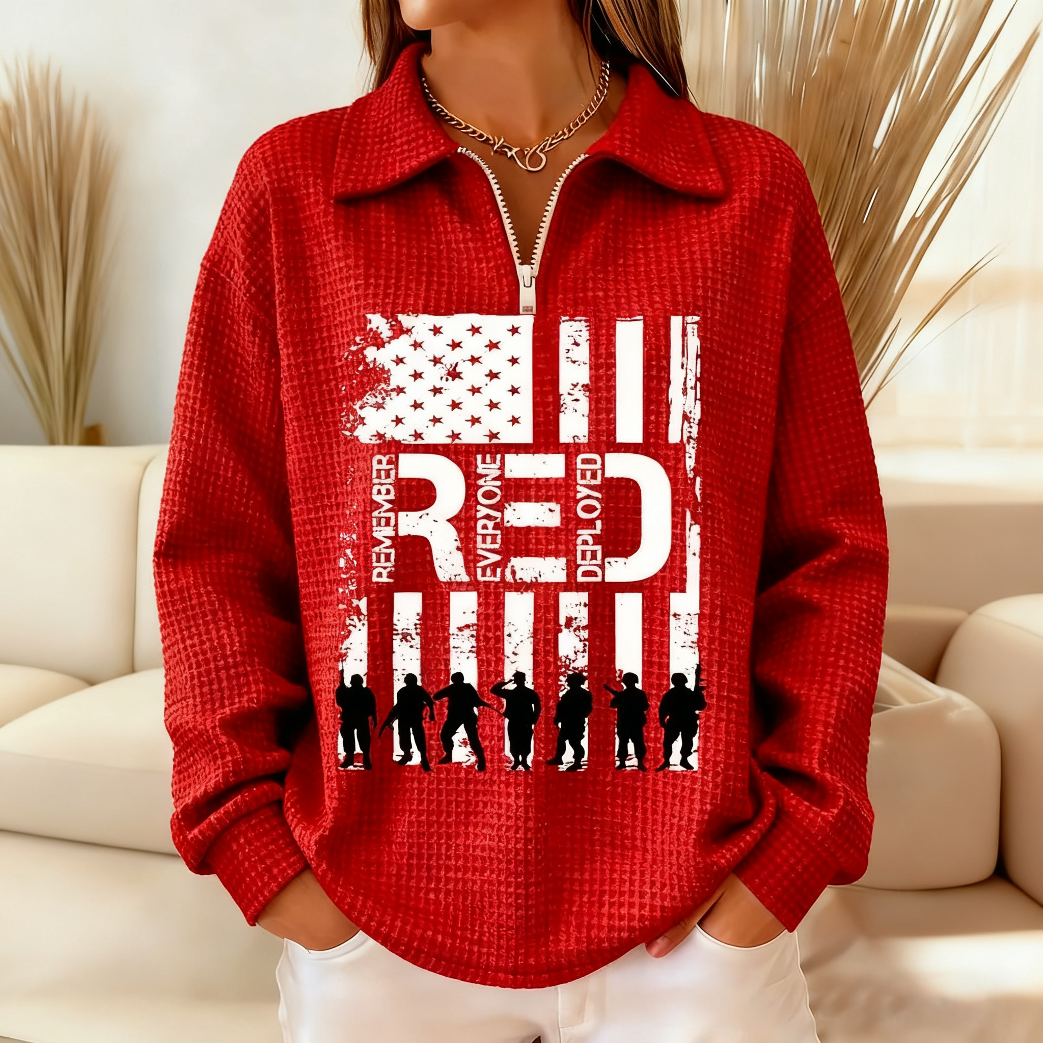 Women's Friday Let's Wear Red Remember All Veterans Print Waffle Lapel Top