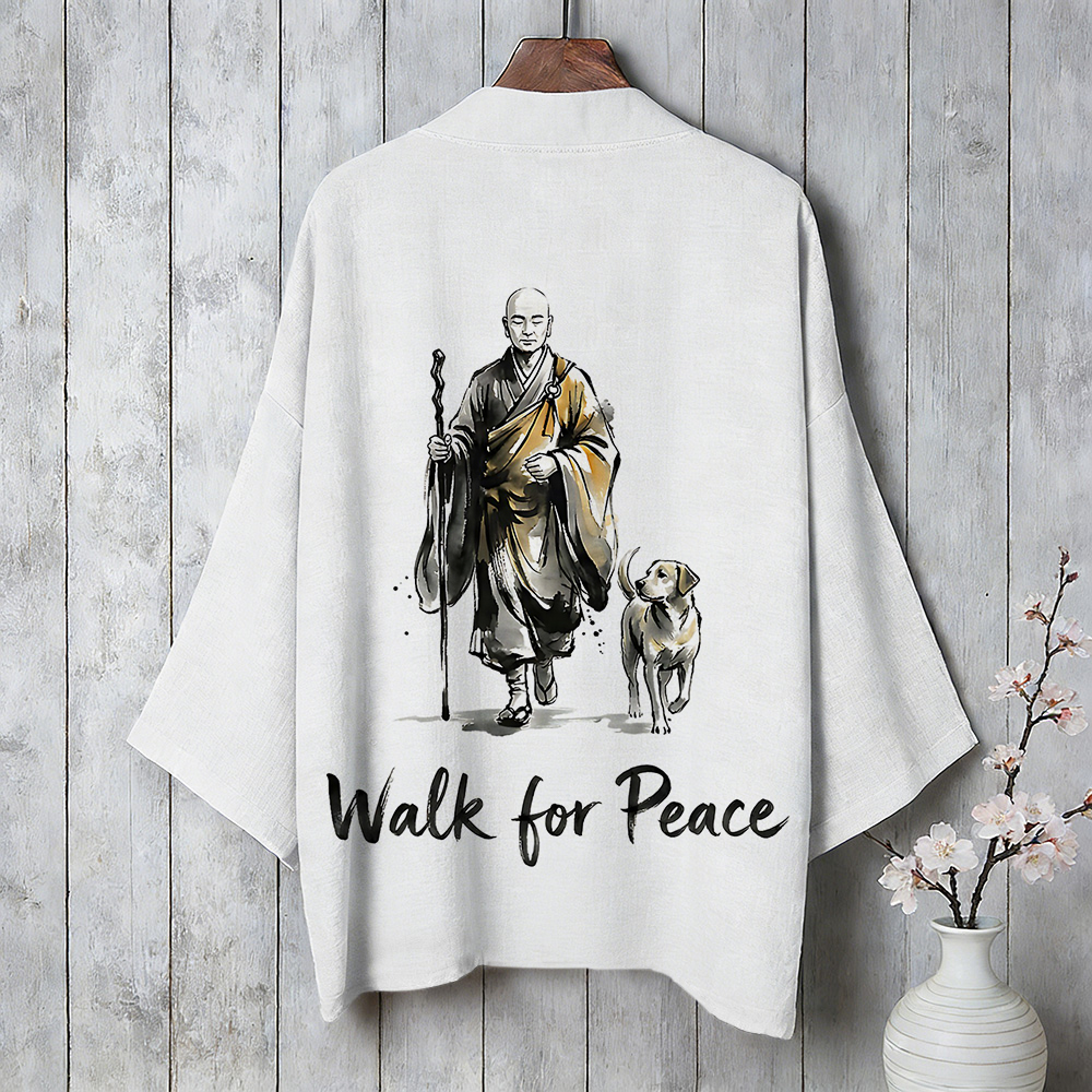Minimalist Zen Art Walk For Peace Monks With Aloka Dog Linen Kimono