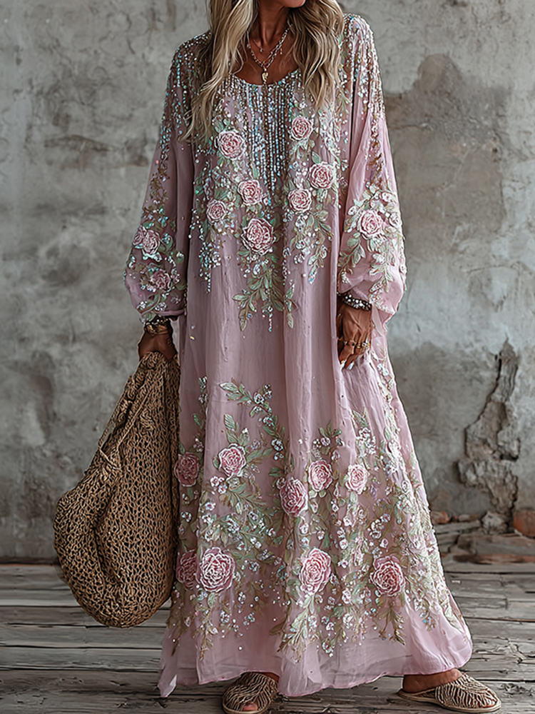 Women's Vintage Floral Art Flowy Linen Blend Casual Long Sleeve Maxi Dress