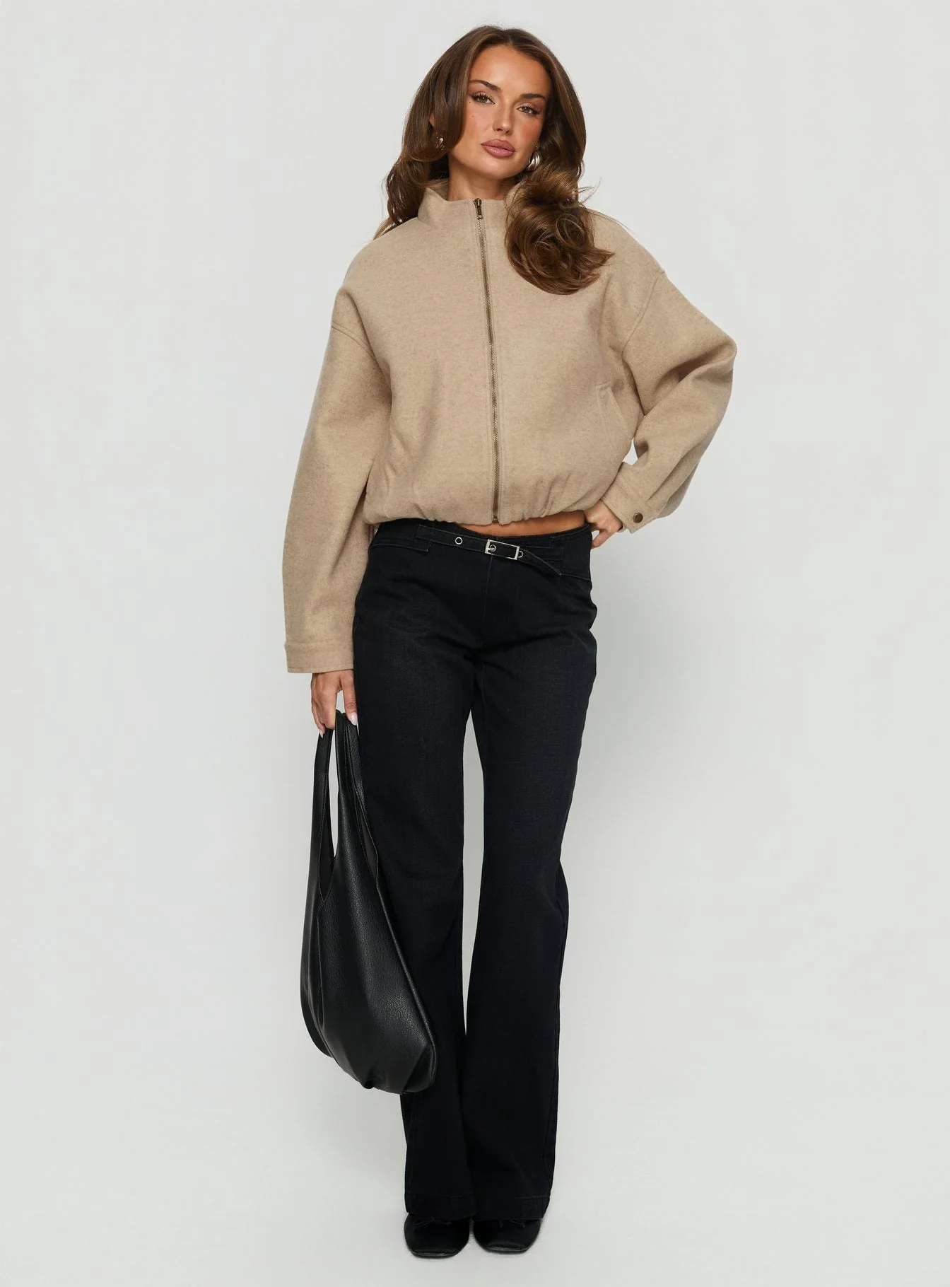 Chayden Cropped Faux Wool Bomber Jacket Beige