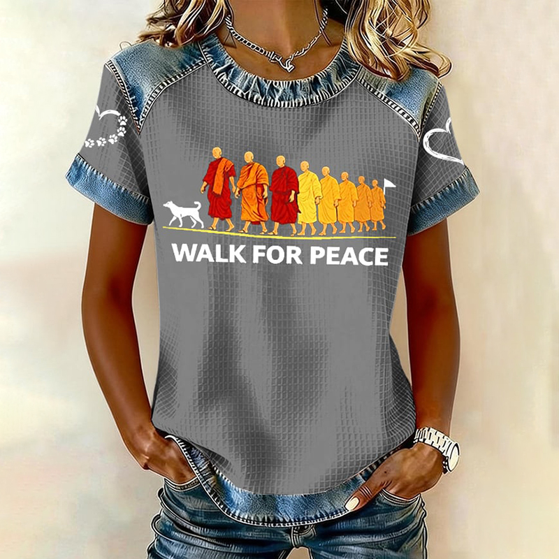 Retro Walk For Peace Monks With Aloka Dog Print T-shirt