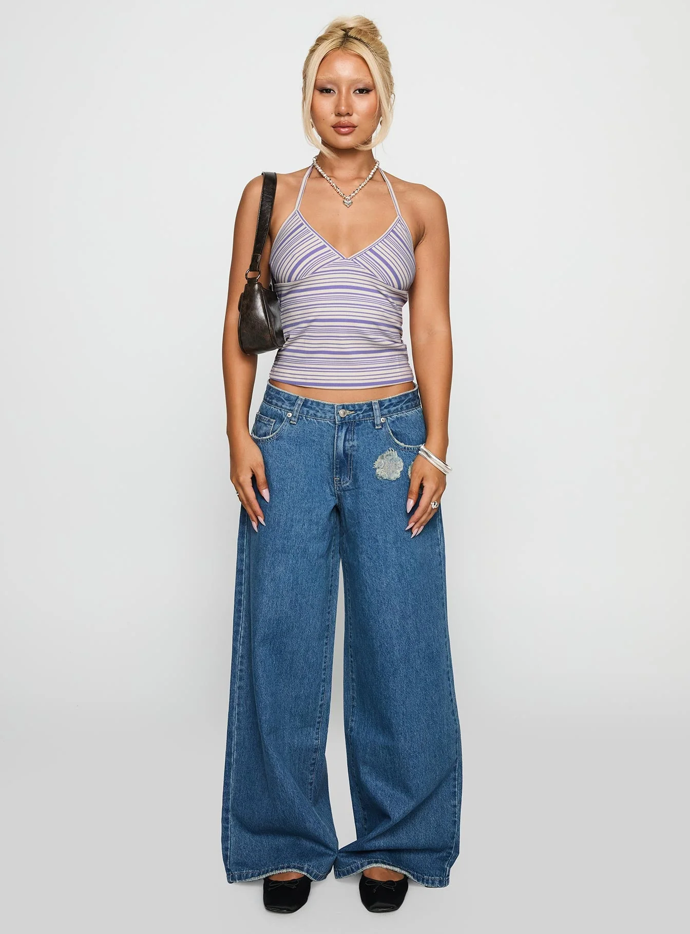 A Keeper Flower Patch Low Rise Wide Leg Jeans Mid Blue