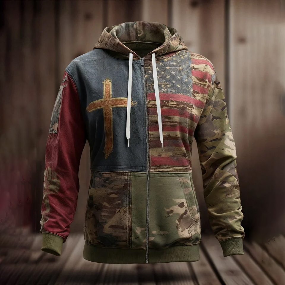 Women's Faith Camo American Flag Zip-Up Hoodie