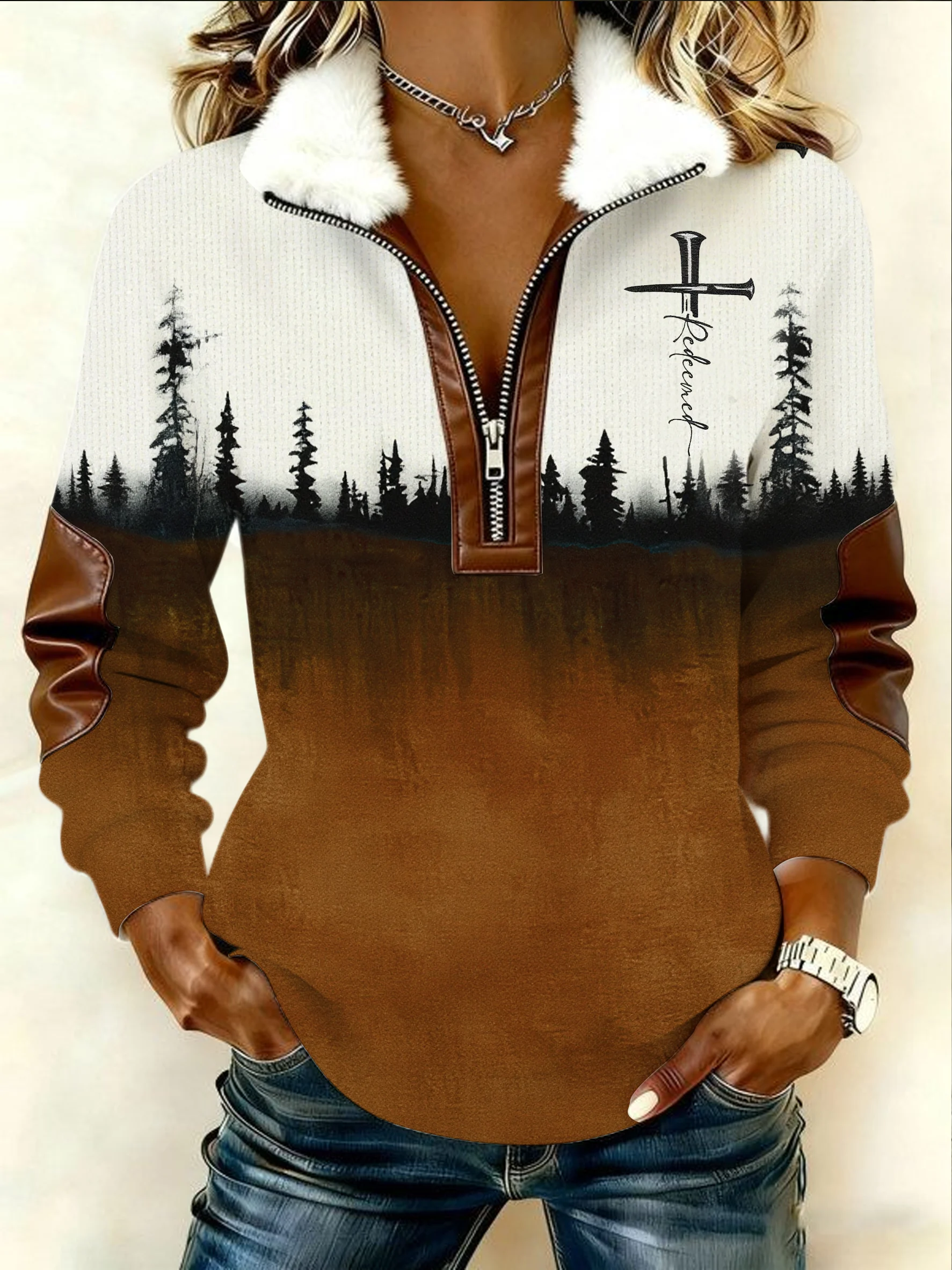 Women's winter forest gradient faith cross print top with fur collar-Fast Shipping