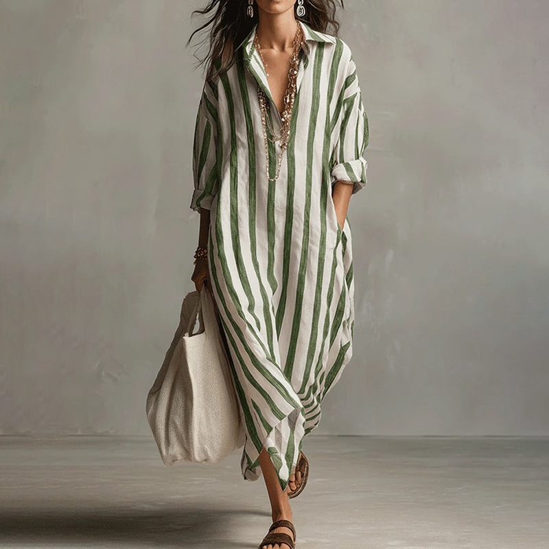 Women's Casual Striped Cotton Linen Maxi Shirt Dress