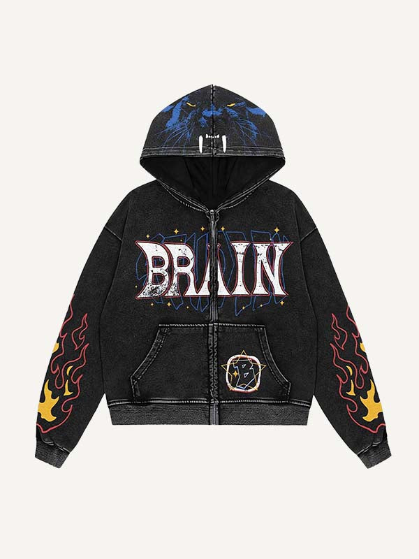 Leopard&Fire&Letter Print Zip Up Hooded Coat