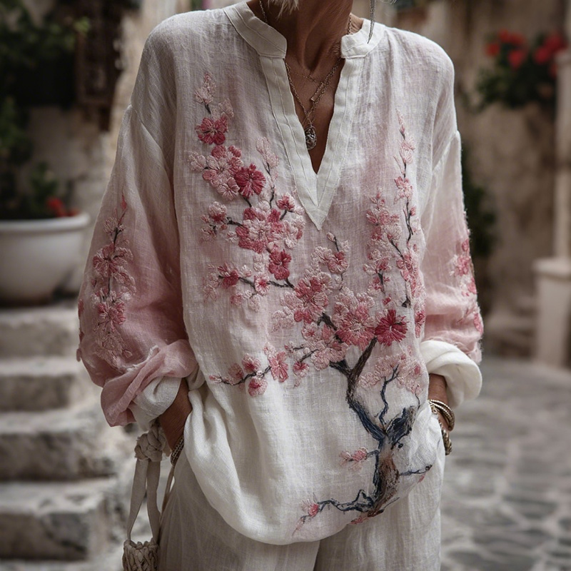 Women's Vintage Pink Floral Art Linen V-neck T-shirt