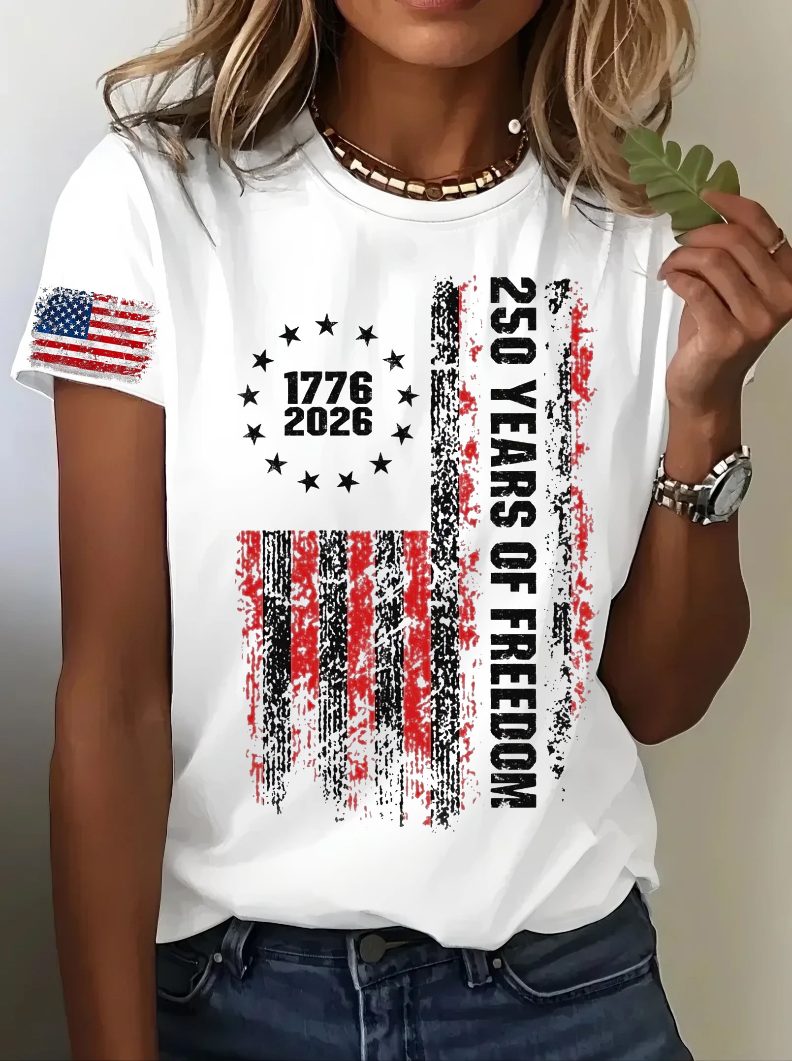 Women’s USA 250th Anniversary Embroidered Print Crew Neck Short Sleeve T-Shirt