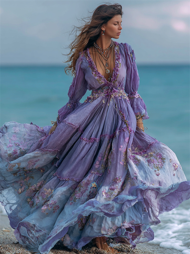 Boho Lavender Floral Lace Trim Flowy Linen Maxi Dress