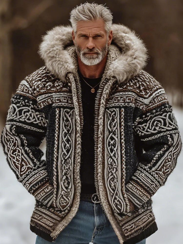 Men's Vintage Viking Style Celtic Art Cozy Fur Collar Knit Hooded Sweater Jacket