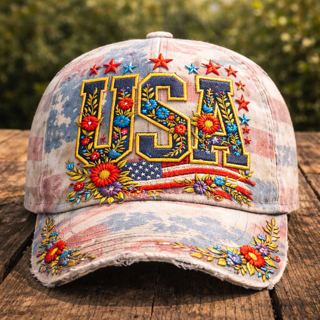 Vintage USA Floral Embroidered Distressed Baseball Cap – American Flag Patriotic Hat