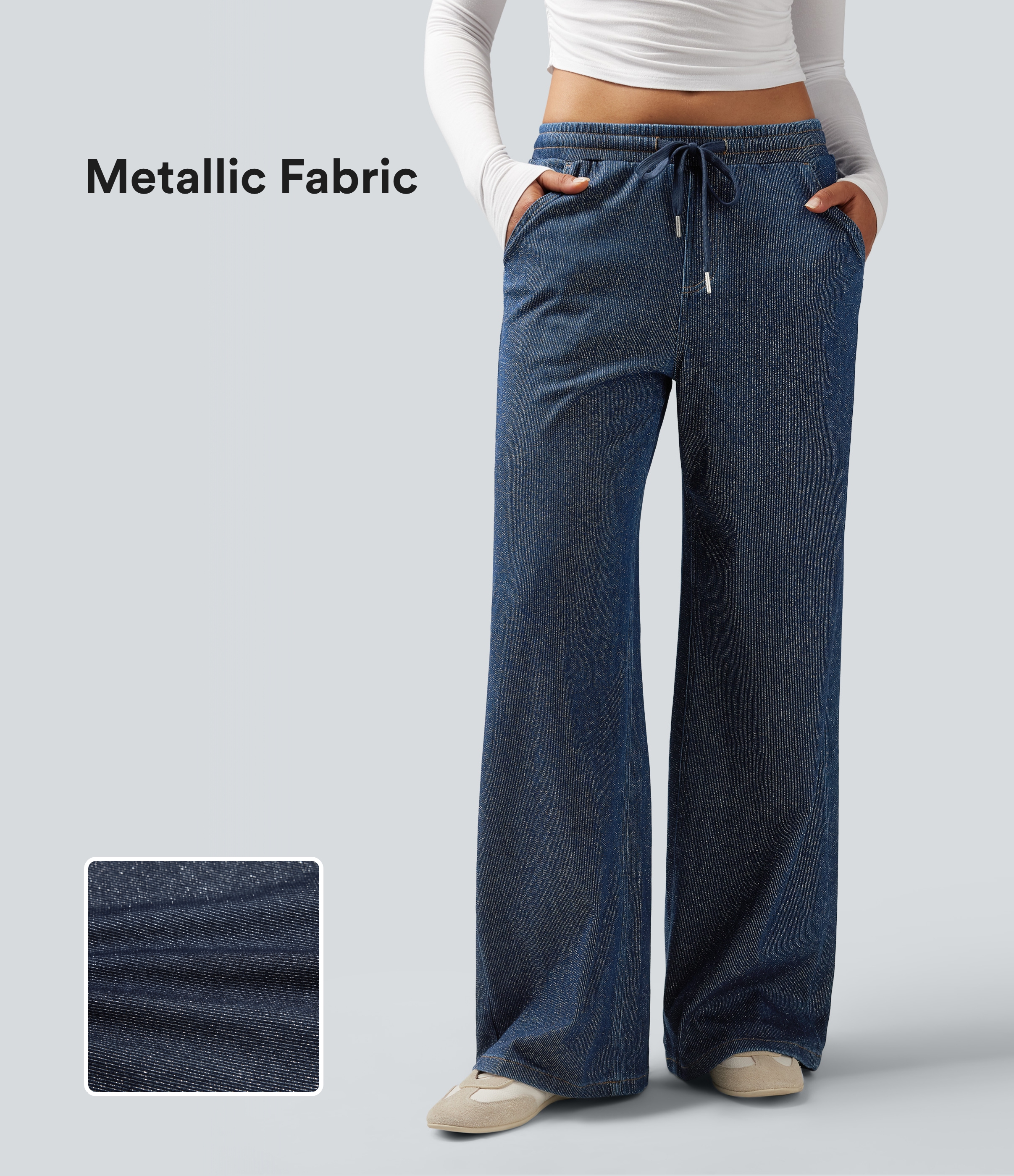 Halara Flex™ Low Rise Drawstring Wide Leg Metallic Casual Sweatpants Jeans with Pockets