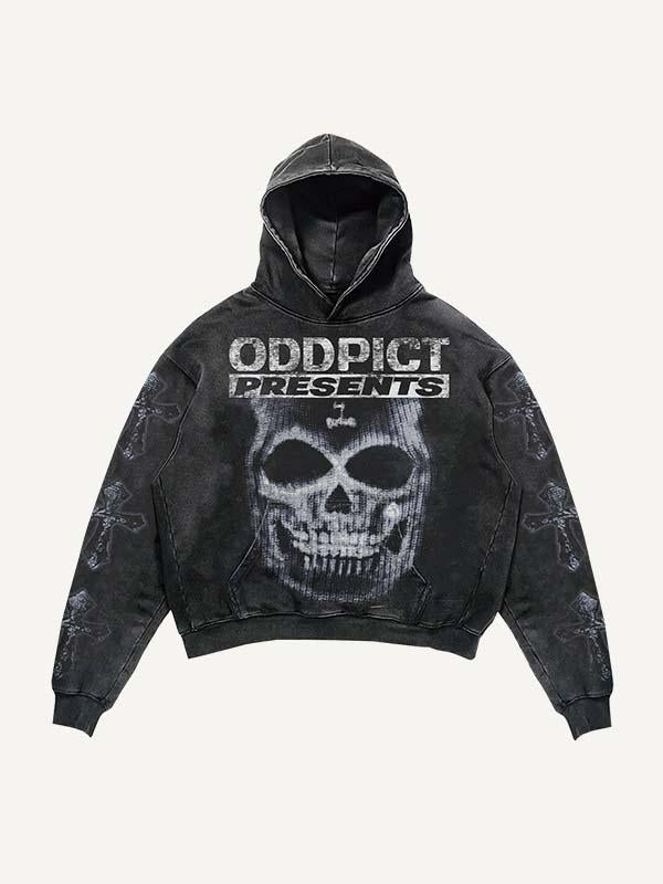 Skull&Letter&Cross Print Slant Pockets Hoodie