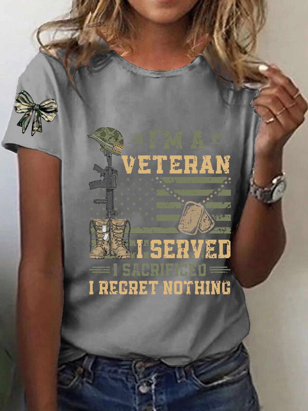 Women's Patriotic Veteran USA Flag Print T-Shirt