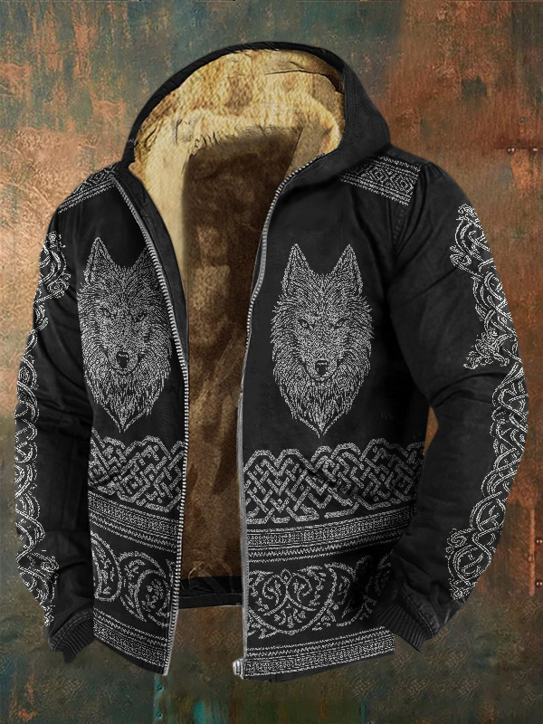 Men's Vintage Viking Wolf Print Zipper Jacket