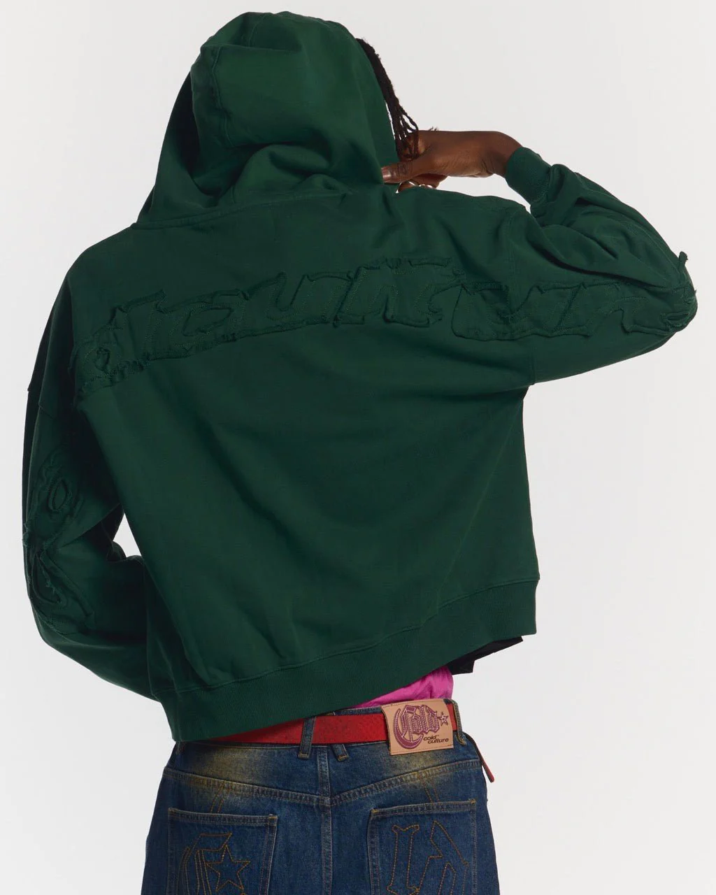DISTRESS CURVED ZIP HOODIE GREEN